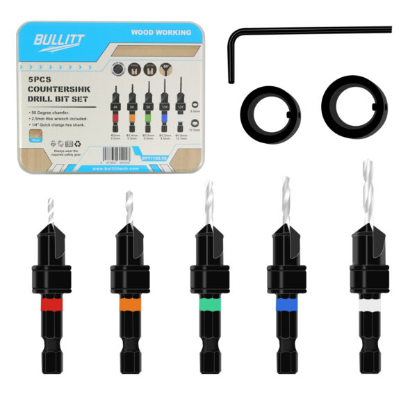 Bullitt 5Pcs Countersink Drill Bit Set,1/4 Inch Hex Shank(For Wood, Ø2/2.5/2.75/3.25.3.5mm), With One Hexagonal Wrench